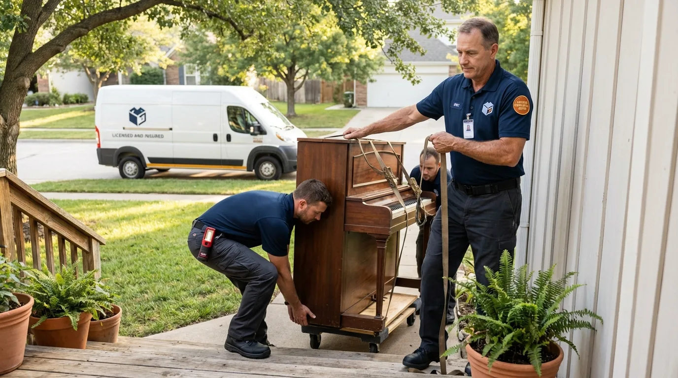 Licensed piano movers securing grand piano in Nauvoo, IL