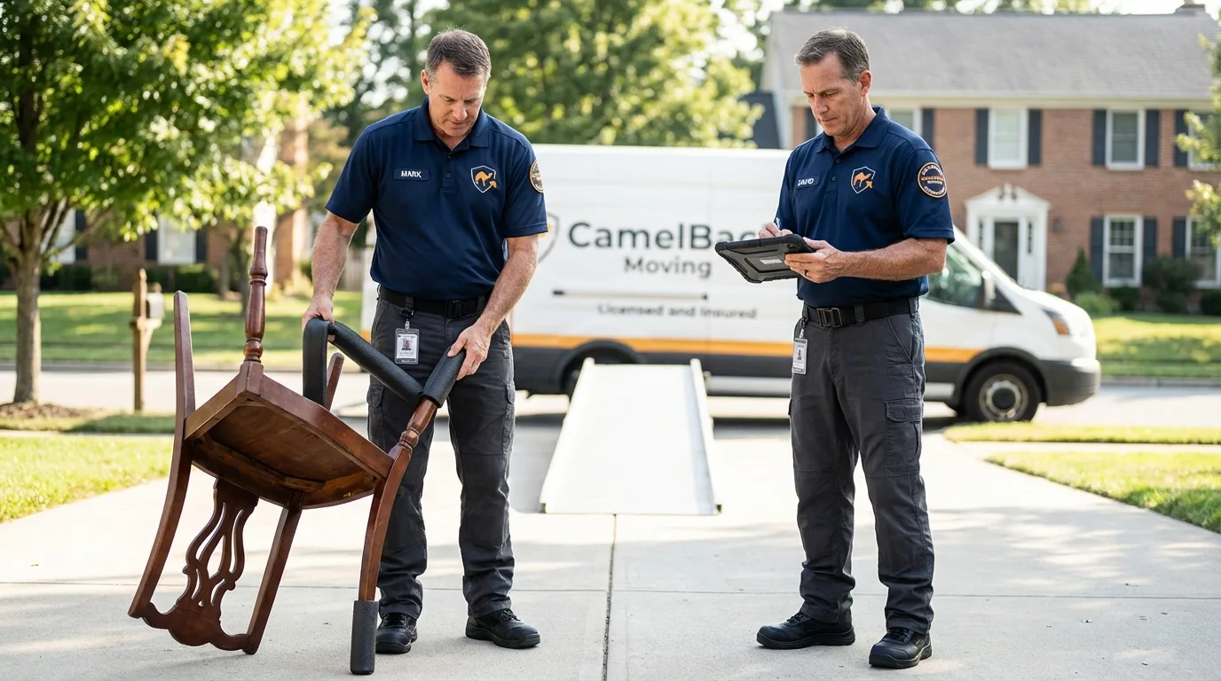 Movers inspecting furniture for damage prevention before loading in Nauvoo, IL
