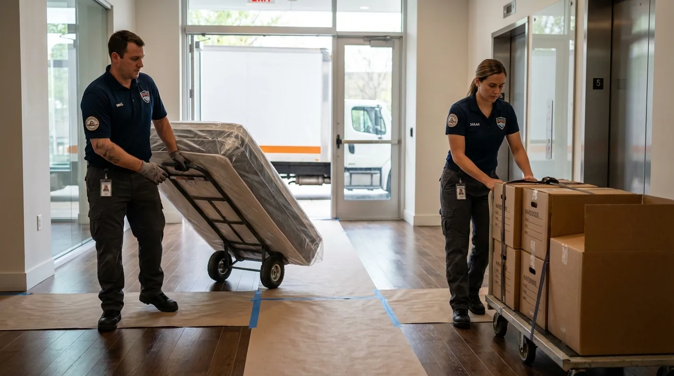 Professional apartment movers loading elevator in Nauvoo, IL