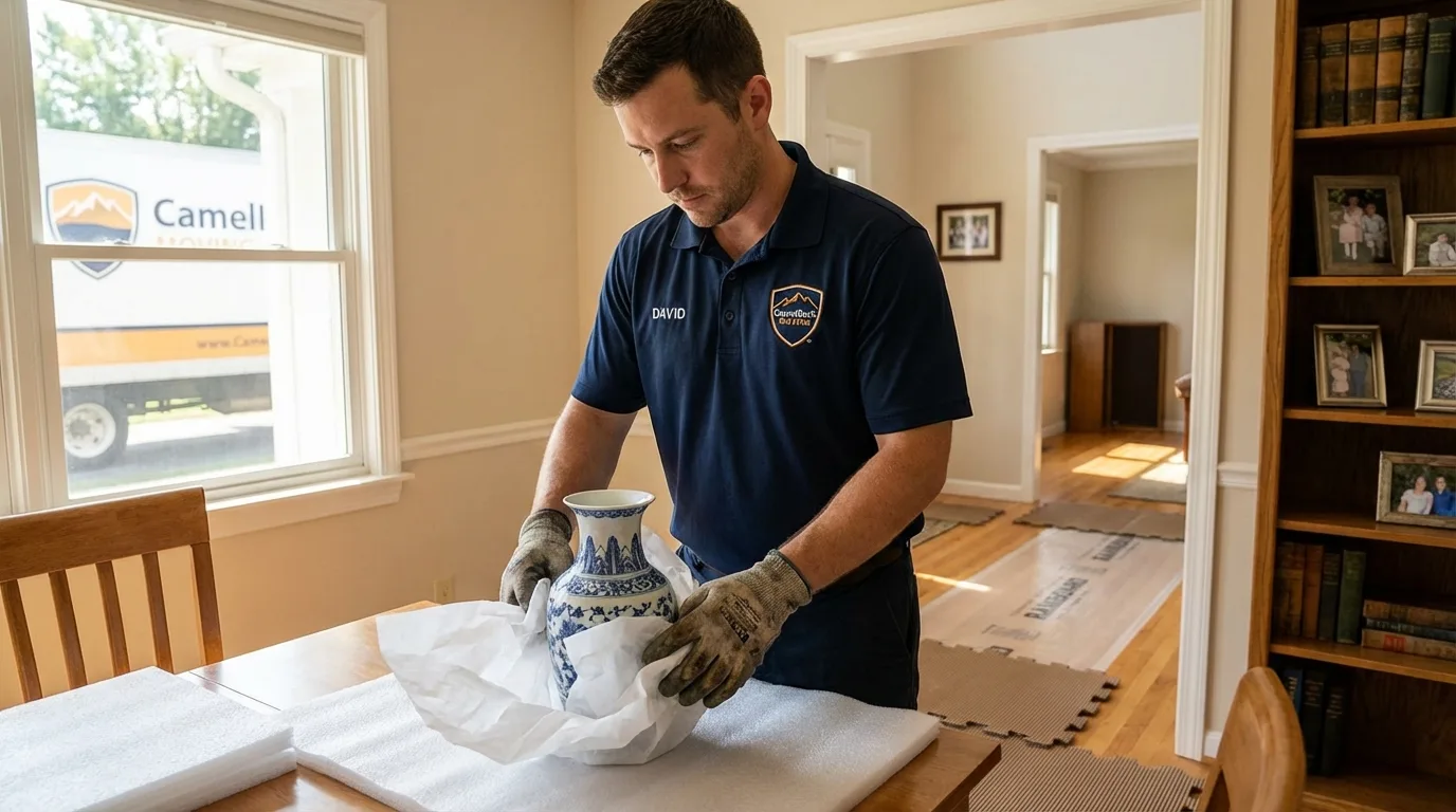 Professional crew carefully wrapping antique vase for senior downsizing move in Nauvoo, IL